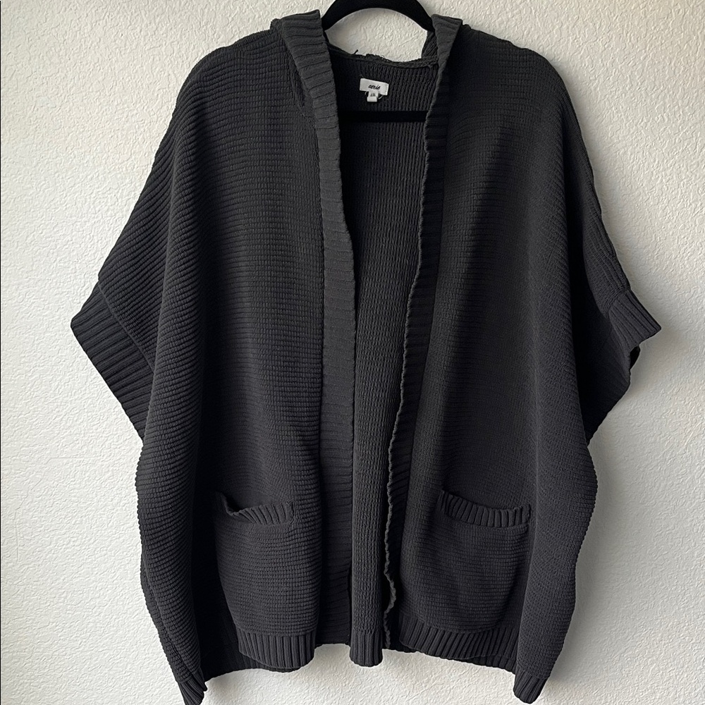 Aerie Dark Gray Hooded Open-Front Short Sleeve Sweater Cardigan